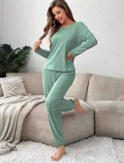 Outlet Women's Pajama Set 2 Pieces Pure Color Casual Comfort Comfrt Home Spandex Comfort Breathable Crew Neck Long Sleeve T shirt Tee Pant Spring Fall Home Outfits Women Pajama-Setter