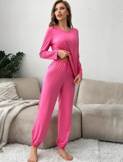Outlet Women's Pajama Set 2 Pieces Pure Color Casual Comfort Comfrt Home Spandex Comfort Breathable Crew Neck Long Sleeve T shirt Tee Pant Spring Fall Home Outfits Women Pajama-Setter