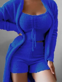 Outlet Women's Pajama Set 3 Pieces Casual Comfort Pure Color Elastic Waist Fuzzy T Shirt Shorts Home Daily Long Sleeve Crew Neck Black White Pink Blue Green Fall Winter Regular Fit Women Sleepwear