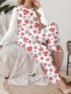 Hot Women's Pajama Set Casual Comfort Comfrt Heart T Shirt Pant Home Valentine's Day Daily Long Sleeve Crew Neck Spring Fall Winter Women Pajama-Setter