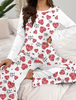 Hot Women's Pajama Set Casual Comfort Comfrt Heart T Shirt Pant Home Valentine's Day Daily Long Sleeve Crew Neck Spring Fall Winter Women Pajama-Setter