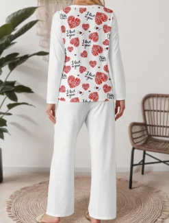 Hot Women's Pajama Set Casual Comfort Comfrt Heart T Shirt Pant Home Valentine's Day Daily Long Sleeve Crew Neck Spring Fall Winter Women Pajama-Setter