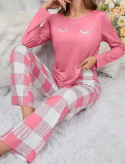 Clearance Women's Pajama Set Casual Comfort Comfrt Cartoon Grid / Plaid T Shirt Pant Home Long Sleeve Crew Neck Black Pink Spring Fall Winter Women Pajama-Setter