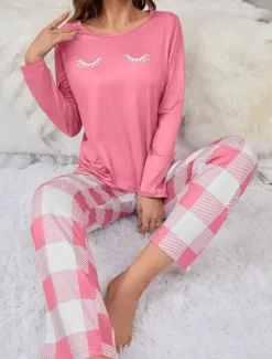Clearance Women's Pajama Set Casual Comfort Comfrt Cartoon Grid / Plaid T Shirt Pant Home Long Sleeve Crew Neck Black Pink Spring Fall Winter Women Pajama-Setter