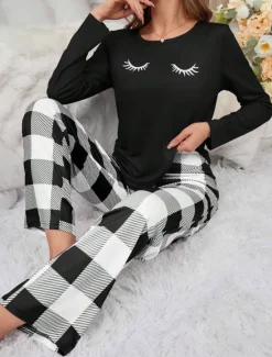 Clearance Women's Pajama Set Casual Comfort Comfrt Cartoon Grid / Plaid T Shirt Pant Home Long Sleeve Crew Neck Black Pink Spring Fall Winter Women Pajama-Setter
