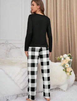 Clearance Women's Pajama Set Casual Comfort Comfrt Cartoon Grid / Plaid T Shirt Pant Home Long Sleeve Crew Neck Black Pink Spring Fall Winter Women Pajama-Setter