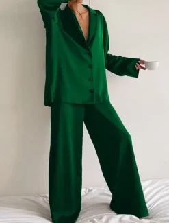 Hot Women's Pajama Set Casual Comfort Pure Color Button Up Elastic Waist Shirt Pant Home Daily Long Sleeve Shirt Collar Black Green Summer Spring Fall Regular Fit Women Pajama-Setter