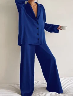 Hot Women's Pajama Set Casual Comfort Pure Color Button Up Elastic Waist Shirt Pant Home Daily Long Sleeve Shirt Collar Black Green Summer Spring Fall Regular Fit Women Pajama-Setter