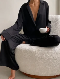 Hot Women's Pajama Set Casual Comfort Pure Color Button Up Elastic Waist Shirt Pant Home Daily Long Sleeve Shirt Collar Black Green Summer Spring Fall Regular Fit Women Pajama-Setter