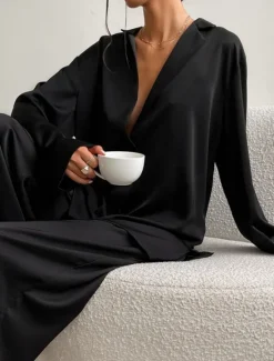 Hot Women's Pajama Set Casual Comfort Pure Color Button Up Elastic Waist Shirt Pant Home Daily Long Sleeve Shirt Collar Black Green Summer Spring Fall Regular Fit Women Pajama-Setter