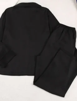 Hot Women's Pajama Set Casual Comfort Pure Color Button Up Elastic Waist Shirt Pant Home Daily Long Sleeve Shirt Collar Black Green Summer Spring Fall Regular Fit Women Pajama-Setter