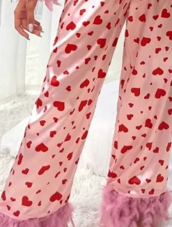New Women's Pajama Set Casual Comfort Heart Elastic Waist Shirt Pant Home Valentine's Day Daily Long Sleeve Shirt Collar Summer Spring Fall Loose Fit Women Sleepwear