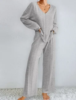 Hot Women's Pajama Set Casual Comfort Pure Color Elastic Waist T Shirt Pant Home Daily Long Sleeve V Neck Black Light Grey Beige Spring Fall Winter Regular Fit Women Pajama-Setter