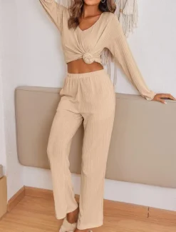 Hot Women's Pajama Set Casual Comfort Pure Color Elastic Waist T Shirt Pant Home Daily Long Sleeve V Neck Black Light Grey Beige Spring Fall Winter Regular Fit Women Pajama-Setter