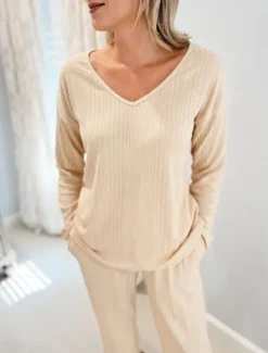 Hot Women's Pajama Set Casual Comfort Pure Color Elastic Waist T Shirt Pant Home Daily Long Sleeve V Neck Black Light Grey Beige Spring Fall Winter Regular Fit Women Pajama-Setter