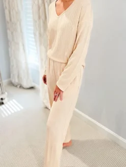 Hot Women's Pajama Set Casual Comfort Pure Color Elastic Waist T Shirt Pant Home Daily Long Sleeve V Neck Black Light Grey Beige Spring Fall Winter Regular Fit Women Pajama-Setter