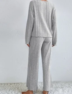 Hot Women's Pajama Set Casual Comfort Pure Color Elastic Waist T Shirt Pant Home Daily Long Sleeve V Neck Black Light Grey Beige Spring Fall Winter Regular Fit Women Pajama-Setter