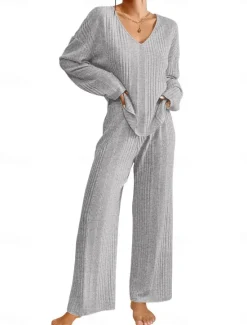 Hot Women's Pajama Set Casual Comfort Pure Color Elastic Waist T Shirt Pant Home Daily Long Sleeve V Neck Black Light Grey Beige Spring Fall Winter Regular Fit Women Pajama-Setter