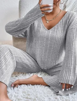 Hot Women's Pajama Set Casual Comfort Pure Color Elastic Waist T Shirt Pant Home Daily Long Sleeve V Neck Black Light Grey Beige Spring Fall Winter Regular Fit Women Pajama-Setter