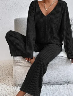 Hot Women's Pajama Set Casual Comfort Pure Color Elastic Waist T Shirt Pant Home Daily Long Sleeve V Neck Black Light Grey Beige Spring Fall Winter Regular Fit Women Pajama-Setter