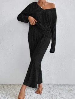 Hot Women's Pajama Set Casual Comfort Pure Color Elastic Waist T Shirt Pant Home Daily Long Sleeve V Neck Black Light Grey Beige Spring Fall Winter Regular Fit Women Pajama-Setter