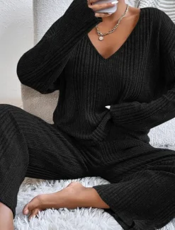 Hot Women's Pajama Set Casual Comfort Pure Color Elastic Waist T Shirt Pant Home Daily Long Sleeve V Neck Black Light Grey Beige Spring Fall Winter Regular Fit Women Pajama-Setter