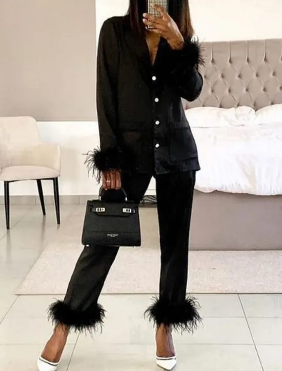Women's Pajama Set Casual Comfort Pure Color Elastic Waist Feather Shirt Pant Home Daily Long Sleeve Shirt Collar Black White Pink Red Blue Summer Spring Fall Regular Fit Women Sleepwear