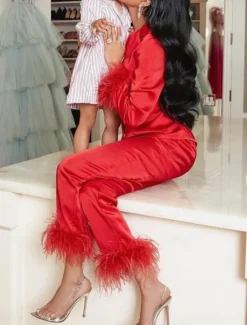 Women's Pajama Set Casual Comfort Pure Color Elastic Waist Feather Shirt Pant Home Daily Long Sleeve Shirt Collar Black White Pink Red Blue Summer Spring Fall Regular Fit Women Sleepwear