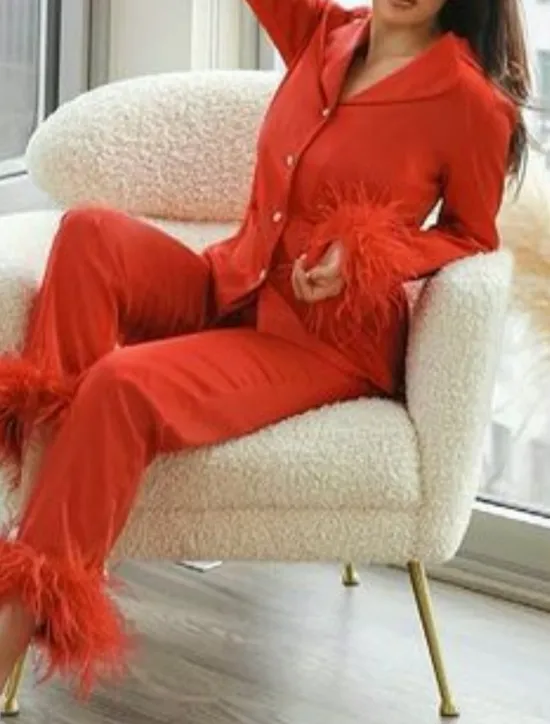 Women's Pajama Set Casual Comfort Pure Color Elastic Waist Feather Shirt Pant Home Daily Long Sleeve Shirt Collar Black White Pink Red Blue Summer Spring Fall Regular Fit Women Sleepwear
