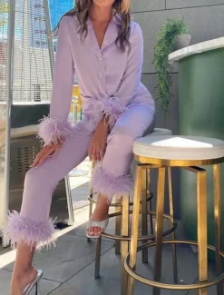 Women's Pajama Set Casual Comfort Pure Color Elastic Waist Feather Shirt Pant Home Daily Long Sleeve Shirt Collar Black White Pink Red Blue Summer Spring Fall Regular Fit Women Sleepwear