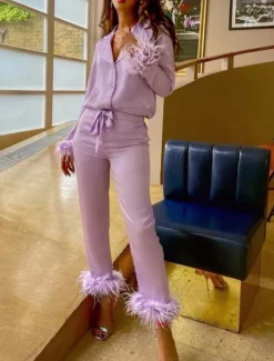 Women's Pajama Set Casual Comfort Pure Color Elastic Waist Feather Shirt Pant Home Daily Long Sleeve Shirt Collar Black White Pink Red Blue Summer Spring Fall Regular Fit Women Sleepwear