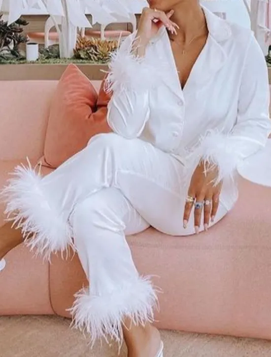 Women's Pajama Set Casual Comfort Pure Color Elastic Waist Feather Shirt Pant Home Daily Long Sleeve Shirt Collar Black White Pink Red Blue Summer Spring Fall Regular Fit Women Sleepwear