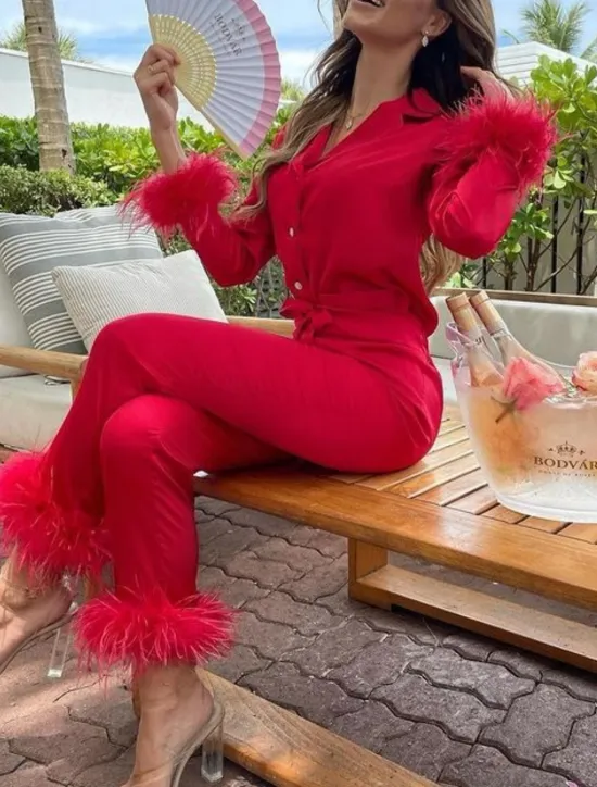 Women's Pajama Set Casual Comfort Pure Color Elastic Waist Feather Shirt Pant Home Daily Long Sleeve Shirt Collar Black White Pink Red Blue Summer Spring Fall Regular Fit Women Sleepwear