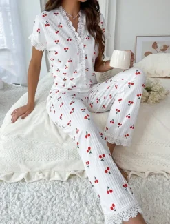 Women's Pajama Set Casual Comfort Cherry Elastic Waist Shirt Pant Home Daily Short Sleeve V Neck Summer Spring Fall Regular Fit Women Sleepwear