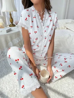 Women's Pajama Set Casual Comfort Cherry Elastic Waist Shirt Pant Home Daily Short Sleeve V Neck Summer Spring Fall Regular Fit Women Sleepwear