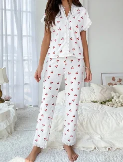 Women's Pajama Set Casual Comfort Cherry Elastic Waist Shirt Pant Home Daily Short Sleeve V Neck Summer Spring Fall Regular Fit Women Sleepwear