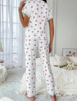 Women's Pajama Set Casual Comfort Cherry Elastic Waist Shirt Pant Home Daily Short Sleeve V Neck Summer Spring Fall Regular Fit Women Sleepwear