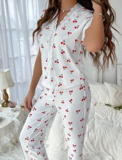 Women's Pajama Set Casual Comfort Cherry Elastic Waist Shirt Pant Home Daily Short Sleeve V Neck Summer Spring Fall Regular Fit Women Sleepwear