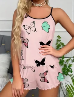 Discount Women's Pajama Set Casual Comfort Butterfly Elastic Waist Strap Top Shorts Home Daily Long Sleeve Straps Pink Blue Beige Summer Regular Fit Women Sleepwear