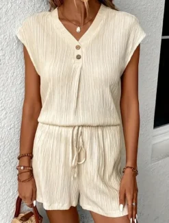 Sale Women's Pajama Set Casual Comfort Pure Color Elastic Waist Tank Top Shorts Home Daily Short Sleeve V Neck Black White Beige Summer Spring Fall Regular Fit Women Pajama-Setter
