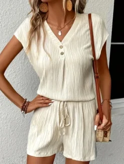 Sale Women's Pajama Set Casual Comfort Pure Color Elastic Waist Tank Top Shorts Home Daily Short Sleeve V Neck Black White Beige Summer Spring Fall Regular Fit Women Pajama-Setter