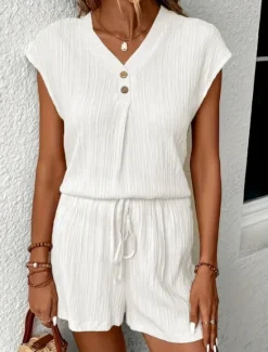 Sale Women's Pajama Set Casual Comfort Pure Color Elastic Waist Tank Top Shorts Home Daily Short Sleeve V Neck Black White Beige Summer Spring Fall Regular Fit Women Pajama-Setter