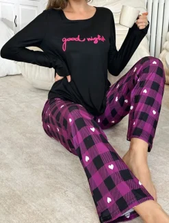 Sale Women's Pajama Set Casual Comfort Comfrt Heart T Shirt Pant Home Long Sleeve Crew Neck Spring Fall Winter Women Pajama-Setter