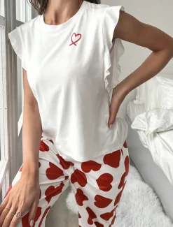 Online Women's Pajama Set Casual Comfort Heart Ruffle Elastic Waist Tank Top Pant Home Valentine's Day Daily Sleeveless Crew Neck Black Pink Red Summer Spring Fall Regular Fit Women Pajama-Setter