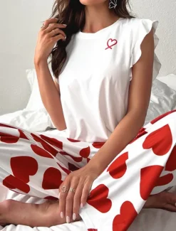 Online Women's Pajama Set Casual Comfort Heart Ruffle Elastic Waist Tank Top Pant Home Valentine's Day Daily Sleeveless Crew Neck Black Pink Red Summer Spring Fall Regular Fit Women Pajama-Setter