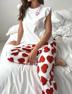 Online Women's Pajama Set Casual Comfort Heart Ruffle Elastic Waist Tank Top Pant Home Valentine's Day Daily Sleeveless Crew Neck Black Pink Red Summer Spring Fall Regular Fit Women Pajama-Setter