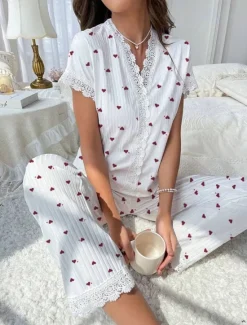 Best Women's Pajama Set Casual Comfort Floral Butterfly Patchwork Elastic Waist Shirt Pant Home Daily Short Sleeve V Neck Light Pink White Pink Red Summer Spring Regular Fit Women Sleepwear