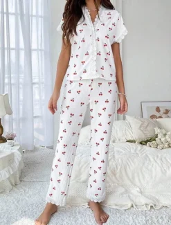 Best Women's Pajama Set Casual Comfort Floral Butterfly Patchwork Elastic Waist Shirt Pant Home Daily Short Sleeve V Neck Light Pink White Pink Red Summer Spring Regular Fit Women Sleepwear