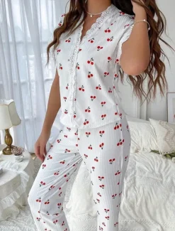Best Women's Pajama Set Casual Comfort Floral Butterfly Patchwork Elastic Waist Shirt Pant Home Daily Short Sleeve V Neck Light Pink White Pink Red Summer Spring Regular Fit Women Sleepwear
