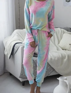 New Women's Pajama Set Casual Comfort Tie Dye Elastic Waist T Shirt Pant Home Daily Long Sleeve Crew Neck Pink Blue Green Rainbow Gray Summer Spring Fall Regular Fit Women Sleepwear